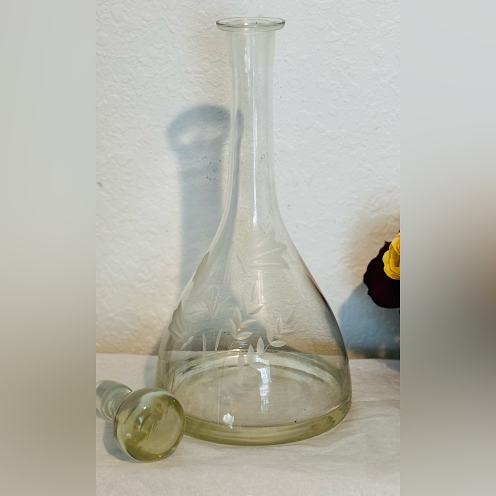 Vintage Etched Clear Glass Floral Decanter Pitcher 15" with Stopper
